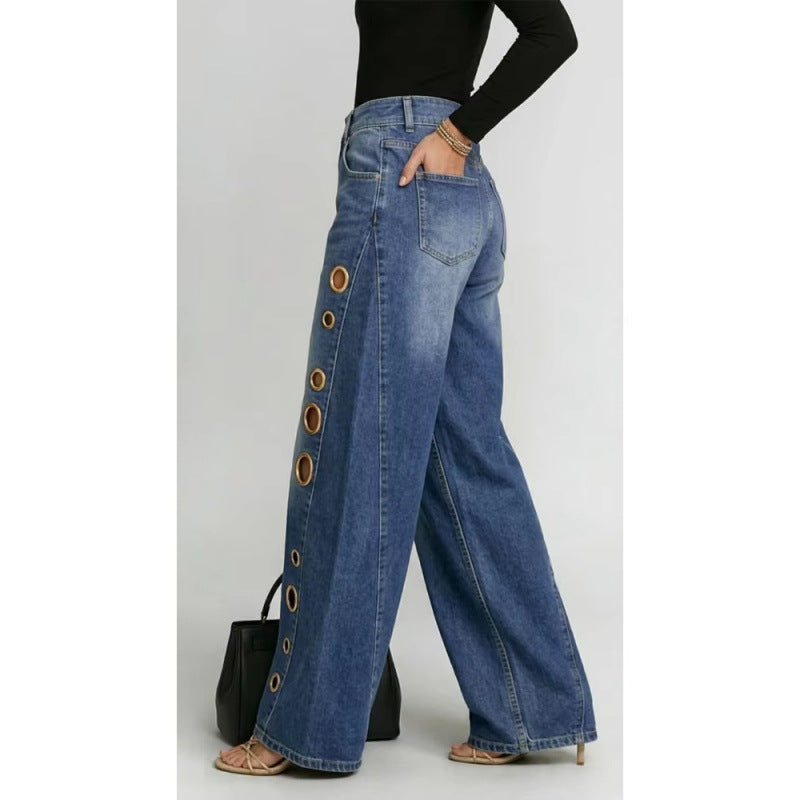 Women's Metal Eyelet High Waist Loose Wide-Leg Jeans – Light Blue, Black, Dark Blue