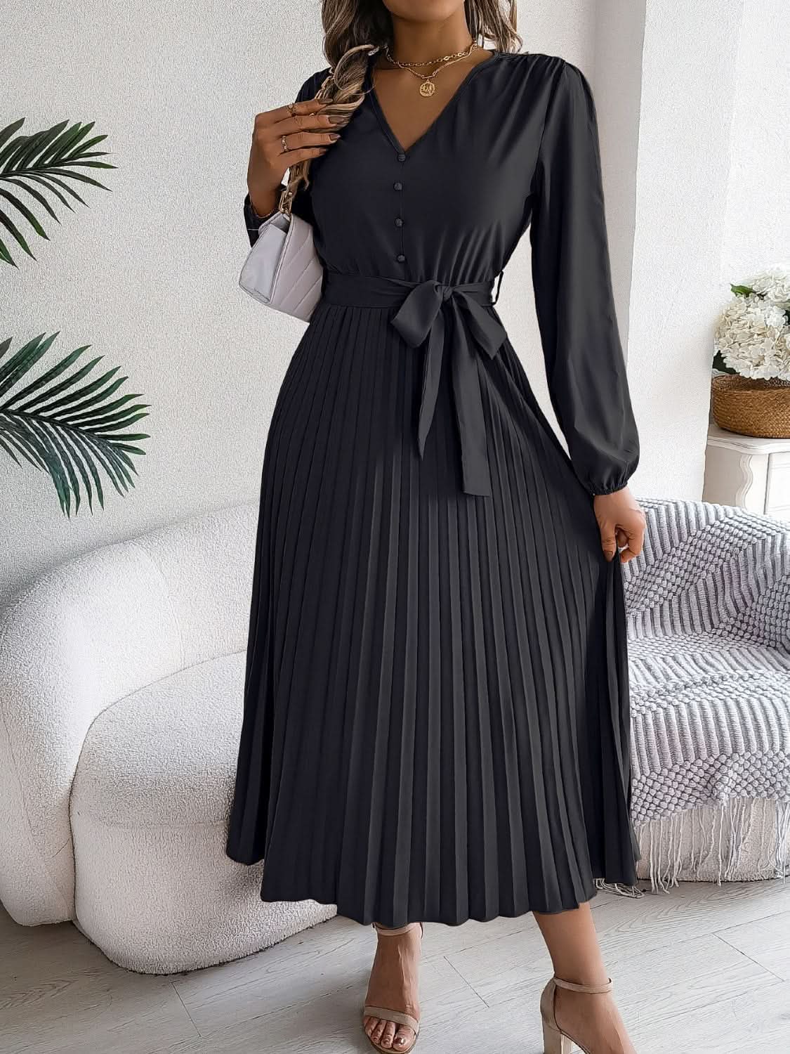 Trendsi V-Neck Dress Women's Elegant Long Sleeve Sheer Tie Dress Fashion