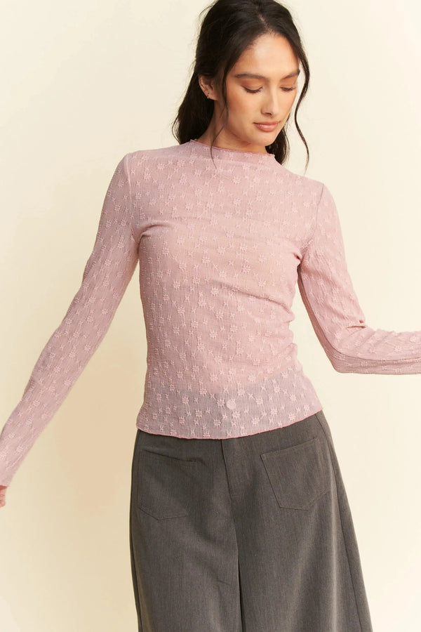 Sheer Lace Top - Embroidered Bows - Women's Long Sleeve