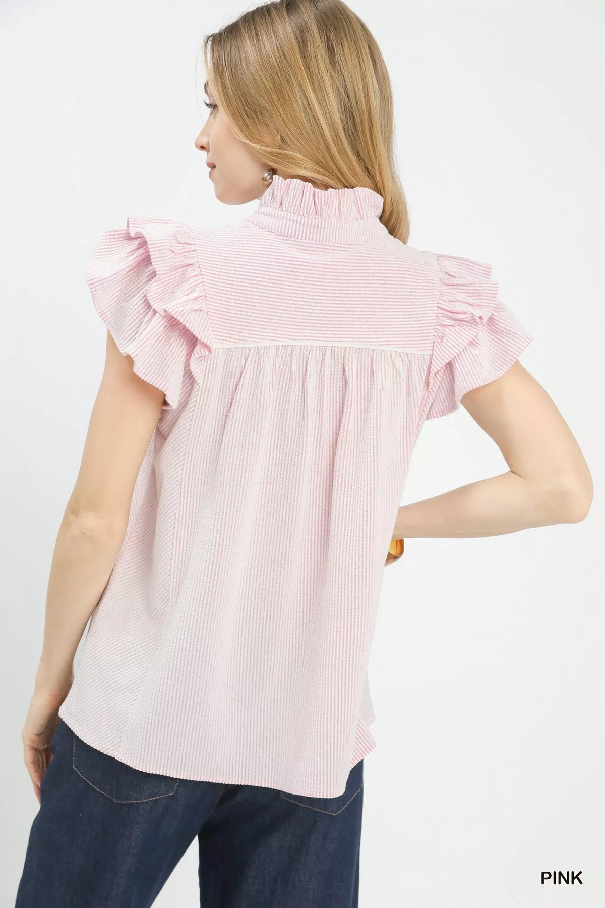 Umgee Ruffled Sleeve Textured Blouse in Pink