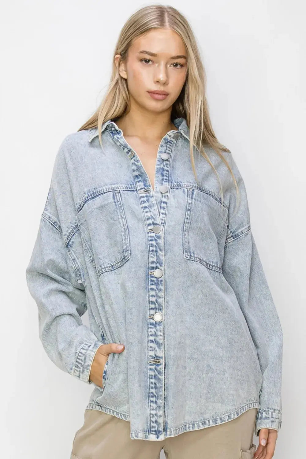Denim Shacket - Button Up Long Sleeve - Casual Style