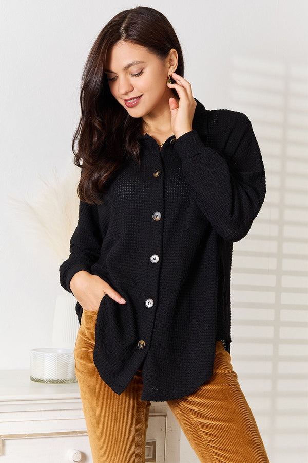Double Take Waffle-Knit Collared Shirt