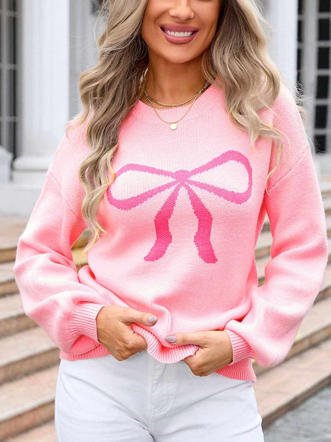 Trendsi Charming bow print long sleeve sweater