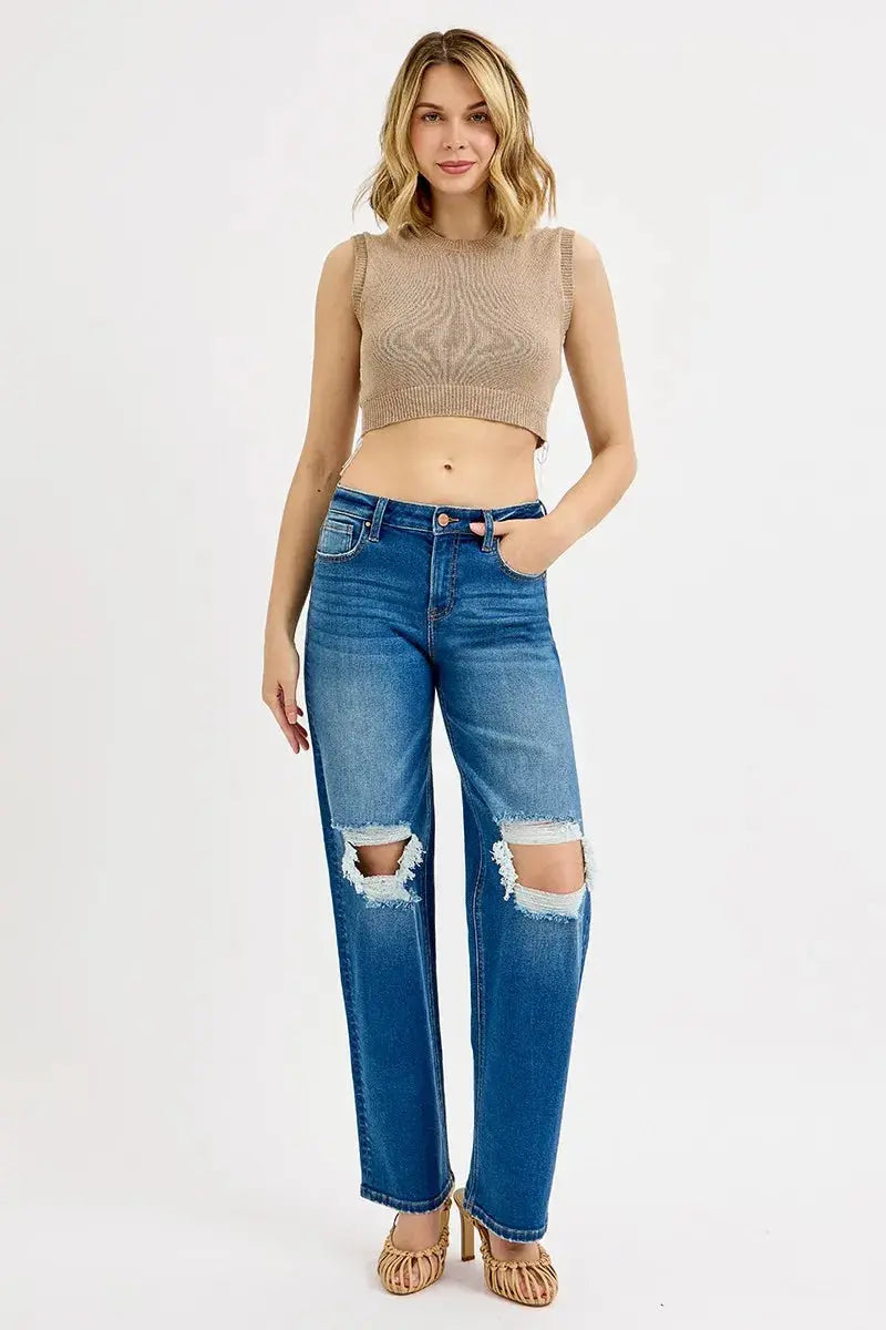 Boyfriend Jeans - Mid Waist Distressed - Women's Plus Size