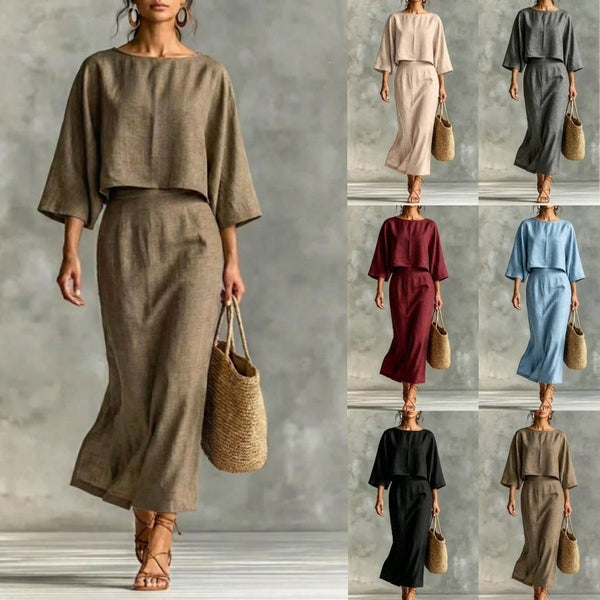 High Waist Long Skirt & 3/4 Sleeve Loose Top Set