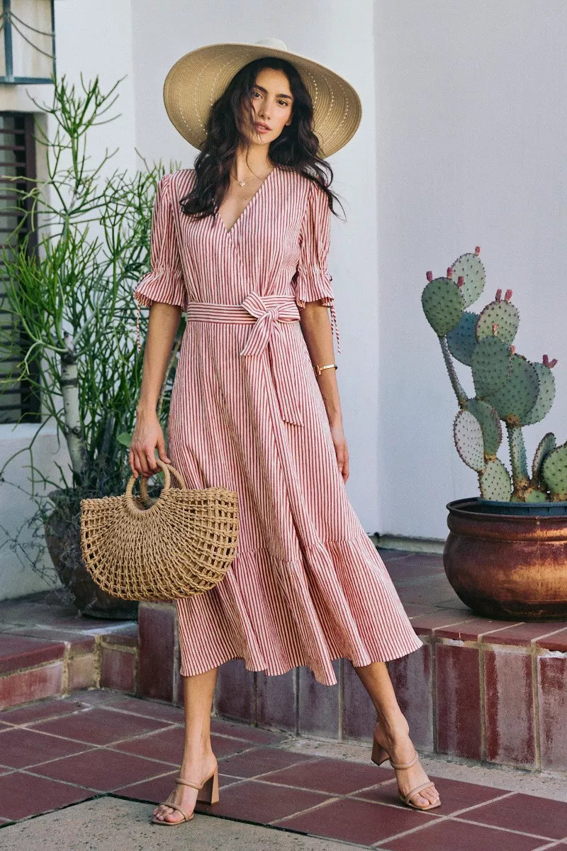 SO ME Stripe Textured Short Sleeves Lined Wrap Midi Dress