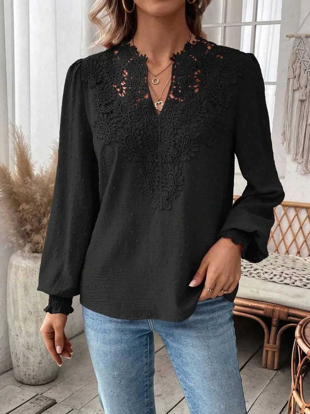 Swiss Dot Lace Detail Notched Long Sleeve Blouse – Feminine Style