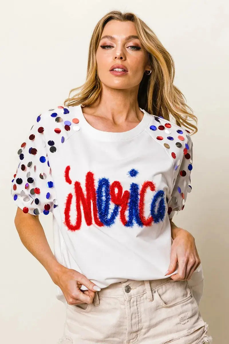 Women's Tee - Metallic Letter Puff Sleeve - Stylish Casual Top