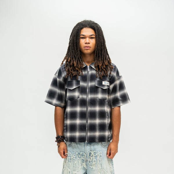FR Studded Shadow Plaid Zip Shirt - Black