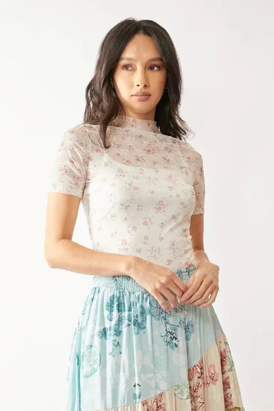 Floral Mesh Top - Lightweight & Breathable - Casual Tee