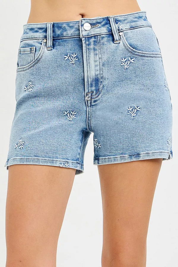 RISEN High Rise Denim Shorts with Embroidered Detail
