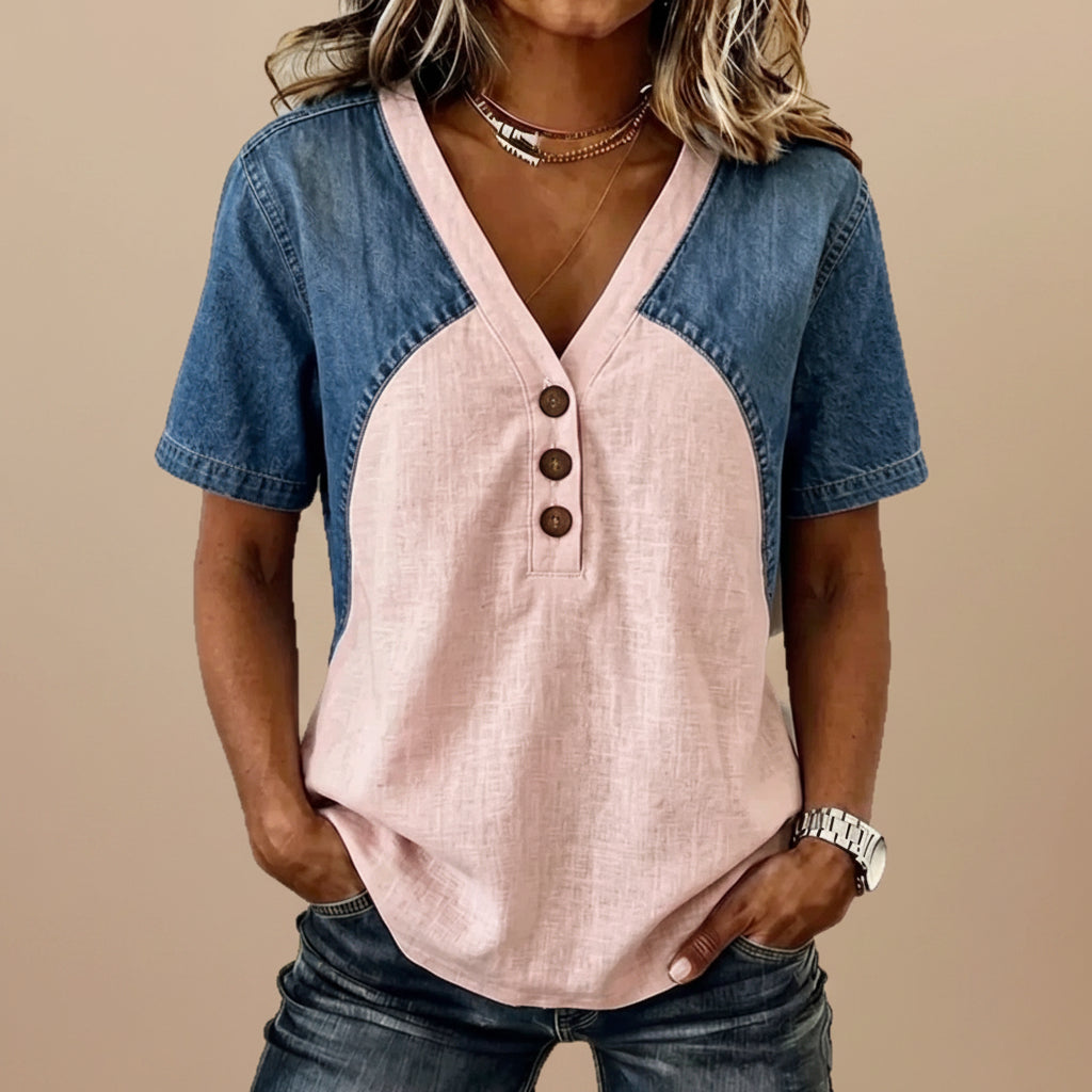 Women's Loose Denim Patchwork Color-Block T-Shirt
