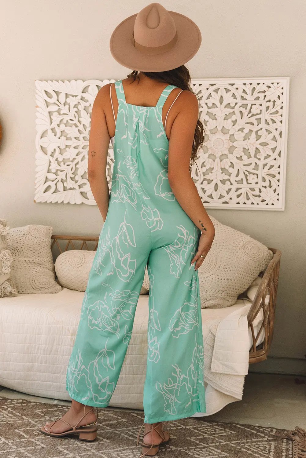 Overalls Jumpsuit - Green Printed Wide Leg - Casual Style