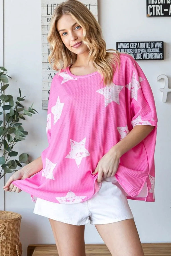 Trendsi Star Waffle Tee Women's Casual Top Comfy Oversized T-Shirt