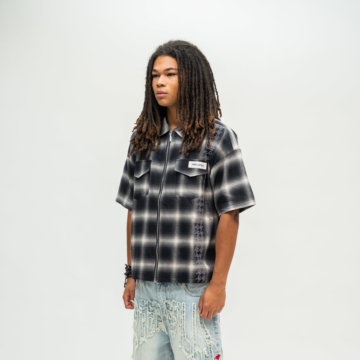 FR Studded Shadow Plaid Zip Shirt - Black