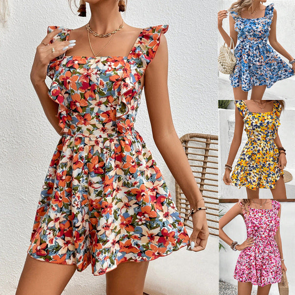 Women's Sleeveless Square Neck Printed Boho Jumpsuit
