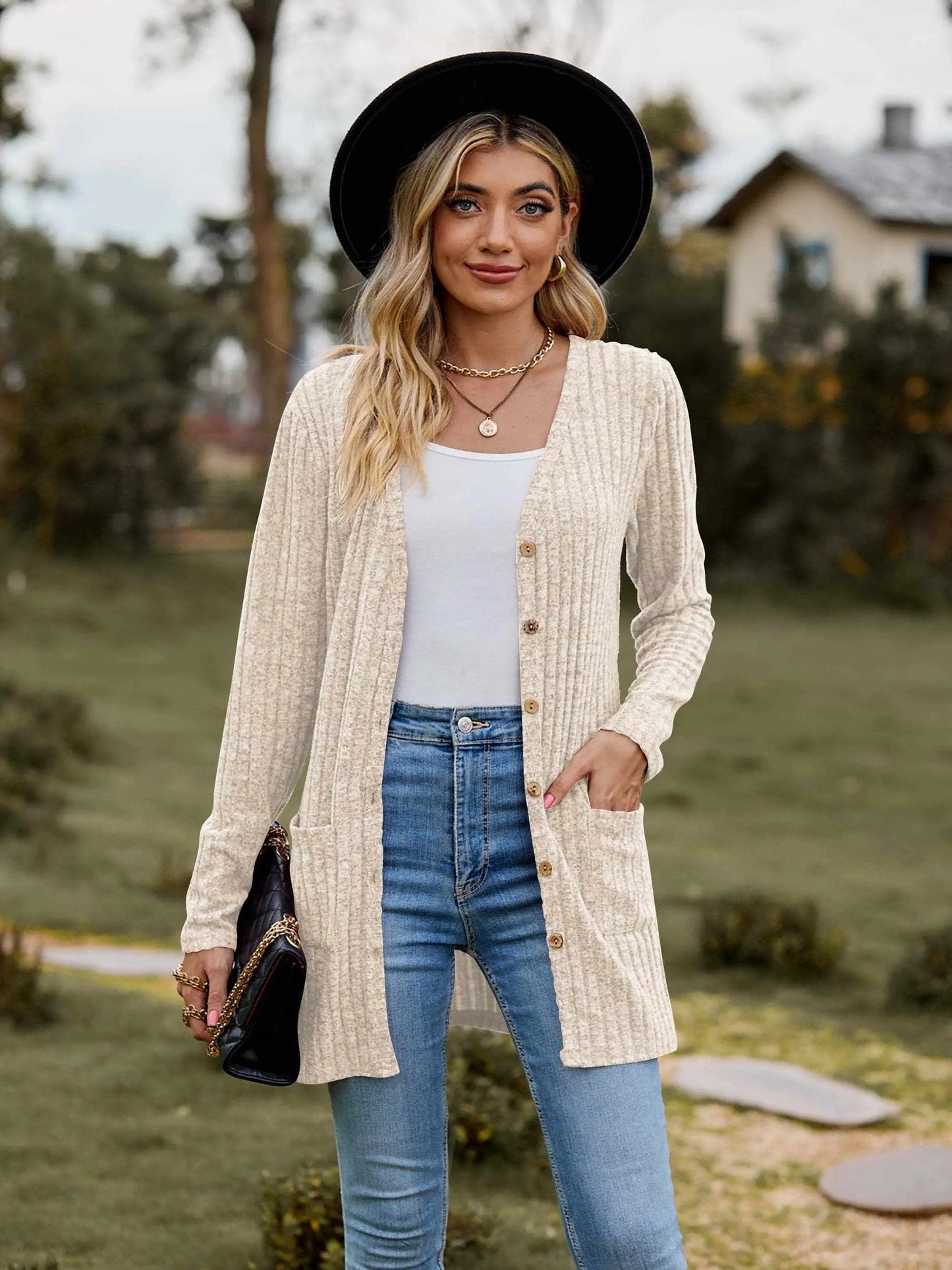 Trendsi Heathered ribbed cardigan with pockets