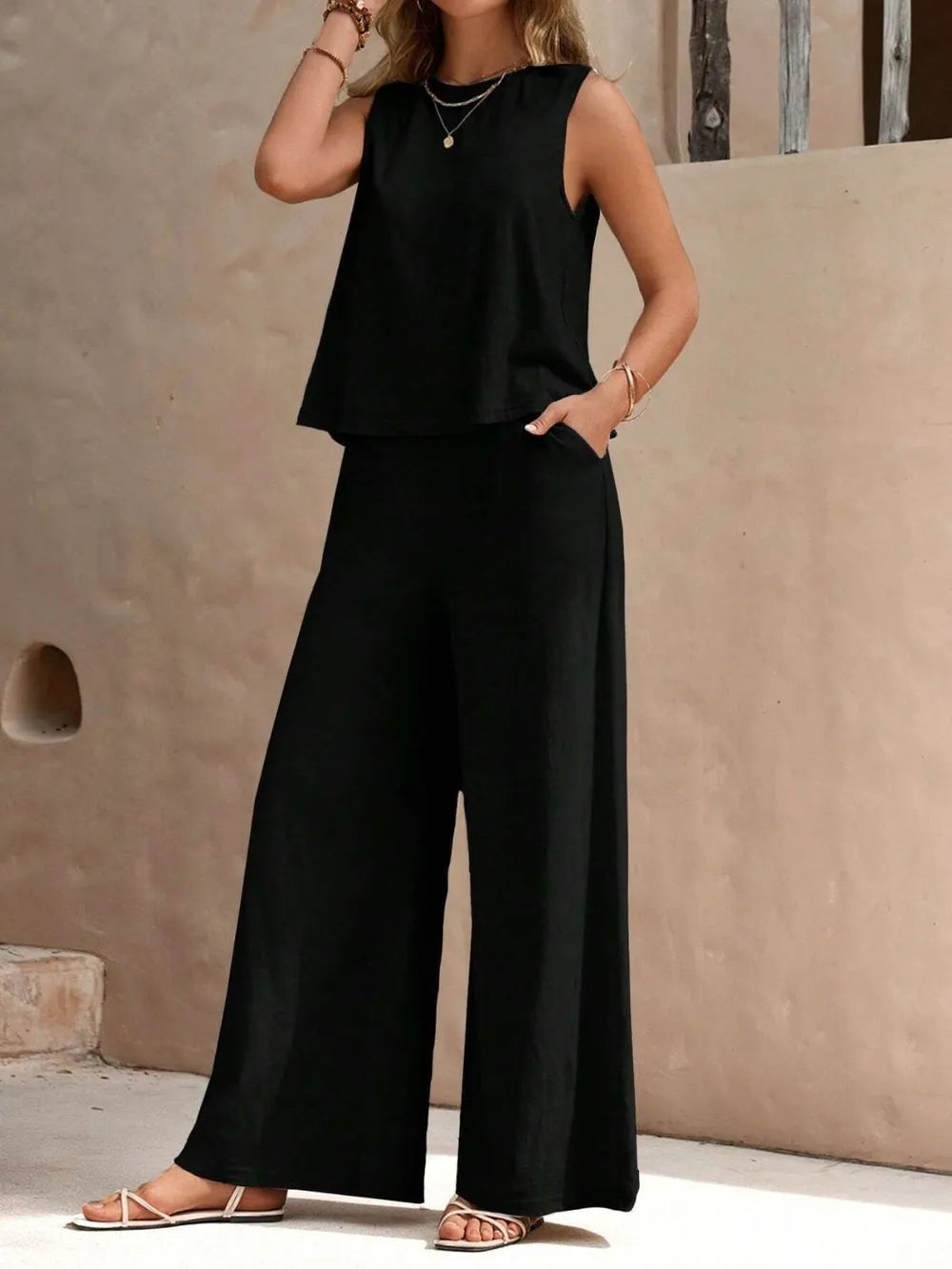 Round Neck Sleeveless Top & Wide Leg Pants Set – Two-Piece