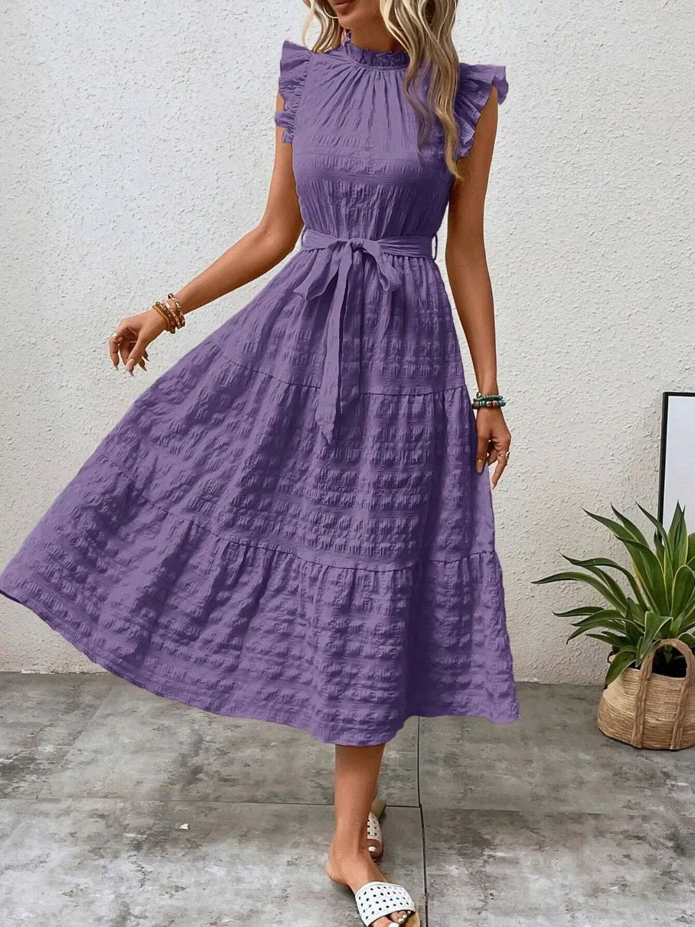 Tied Ruffled Cap Sleeve Midi Dress – Feminine Flowy Style