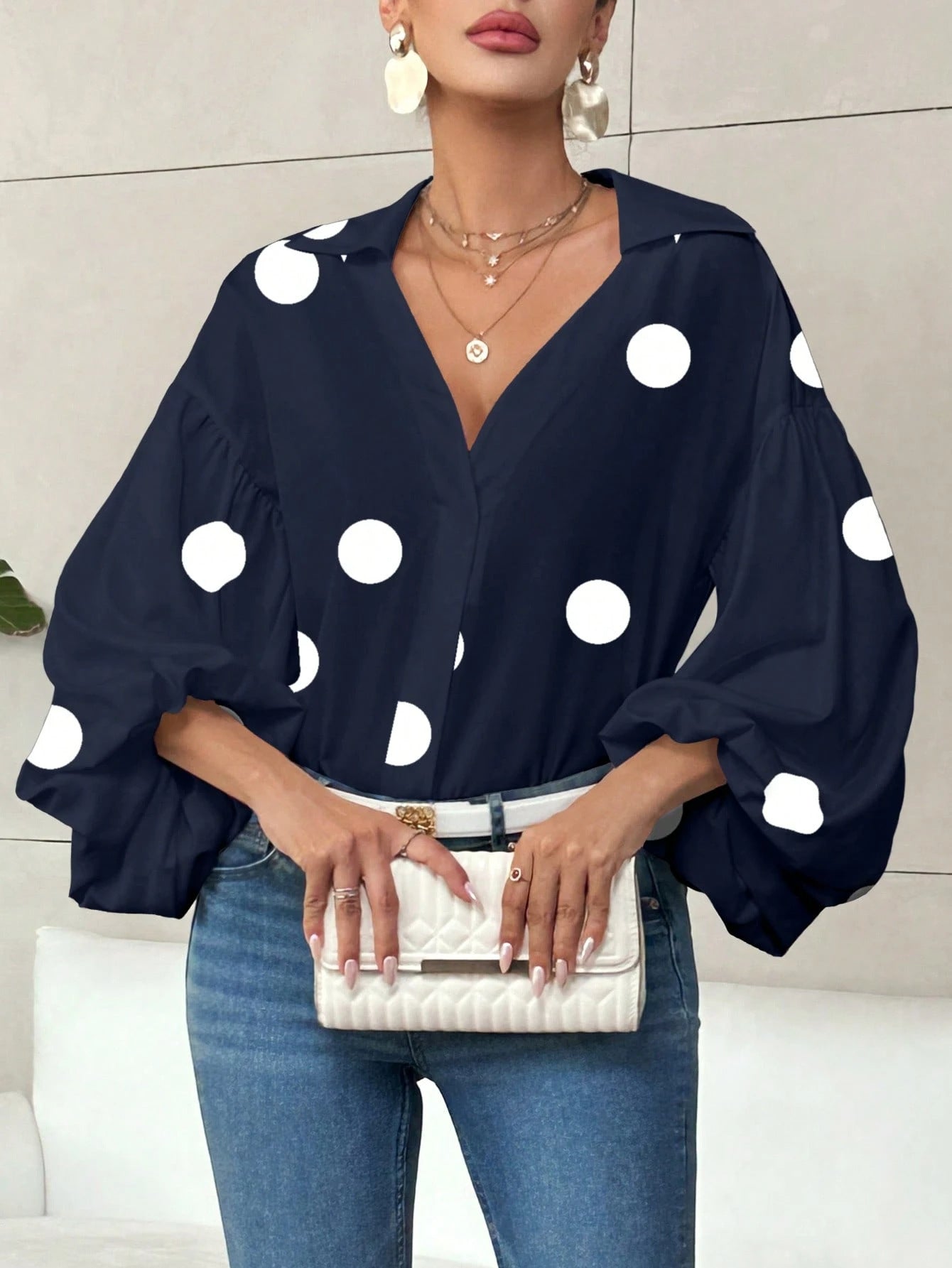 Polka Dot Loose Bubble Sleeve Top – Half-Open Neck Long Sleeve
