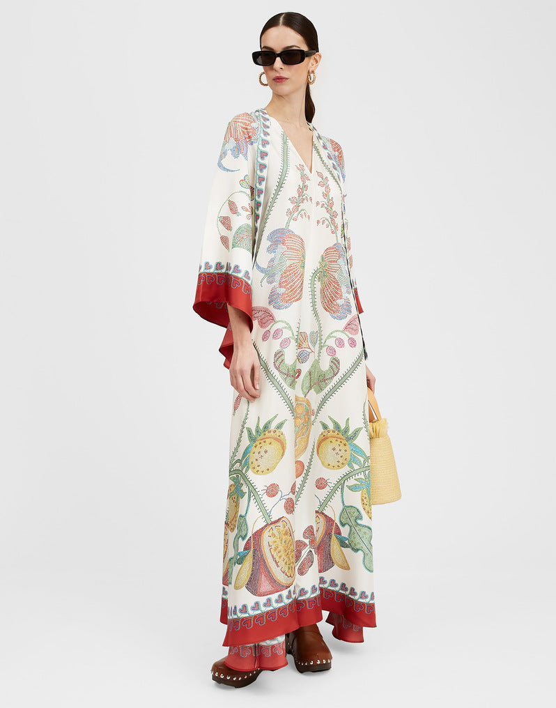 Women's Printed Maxi Dress – Stand Collar Flared Sleeve A-Line Gown