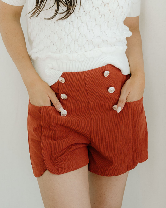 Clay Button Decor Scalloped Edge High Waist Corduroy Shorts