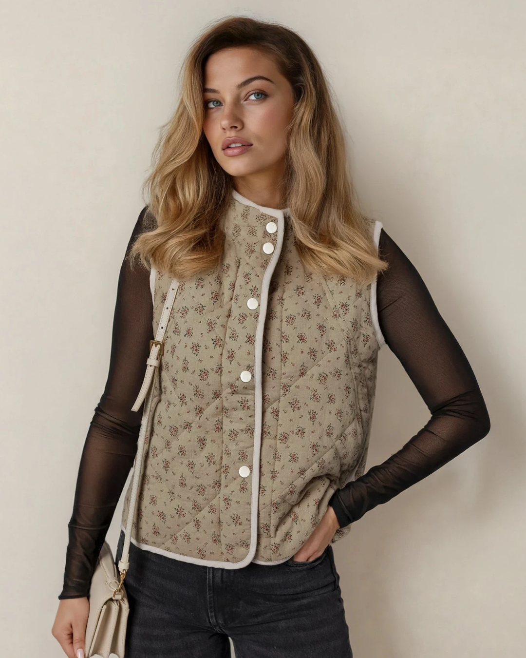 Sloane Floral Print Quilted Concealed Button Vest