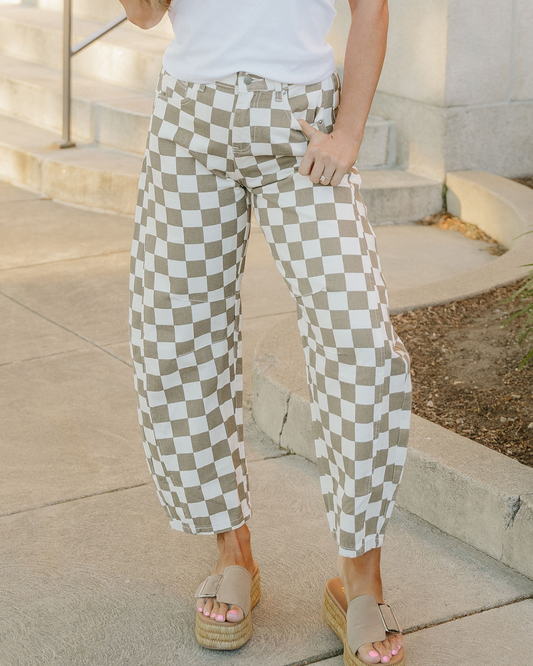 Riley Checkered Print Denim Barrel Pants