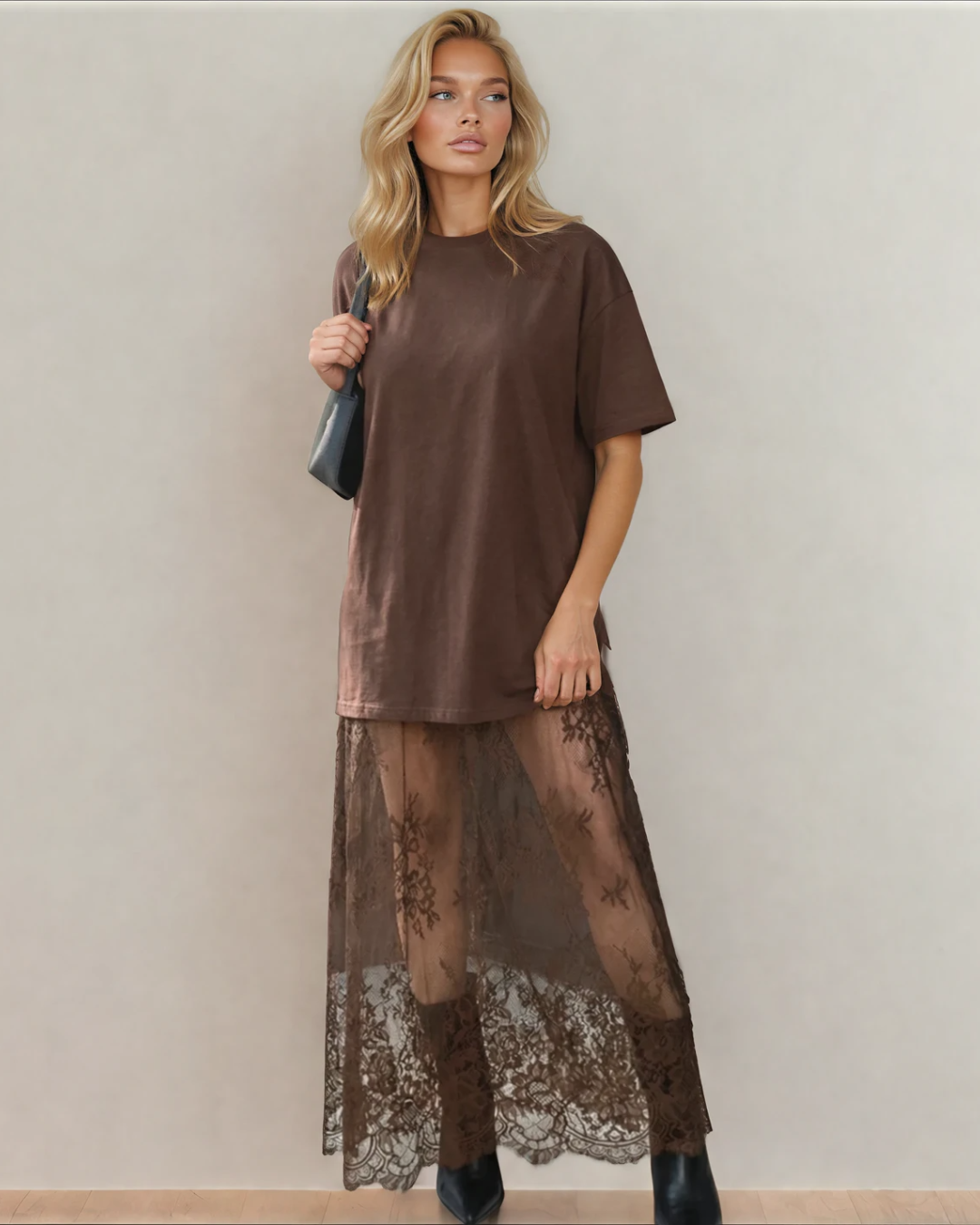 Nayeli Short Sleeve T Shirt Lace Maxi Dress - Red Sandlewood