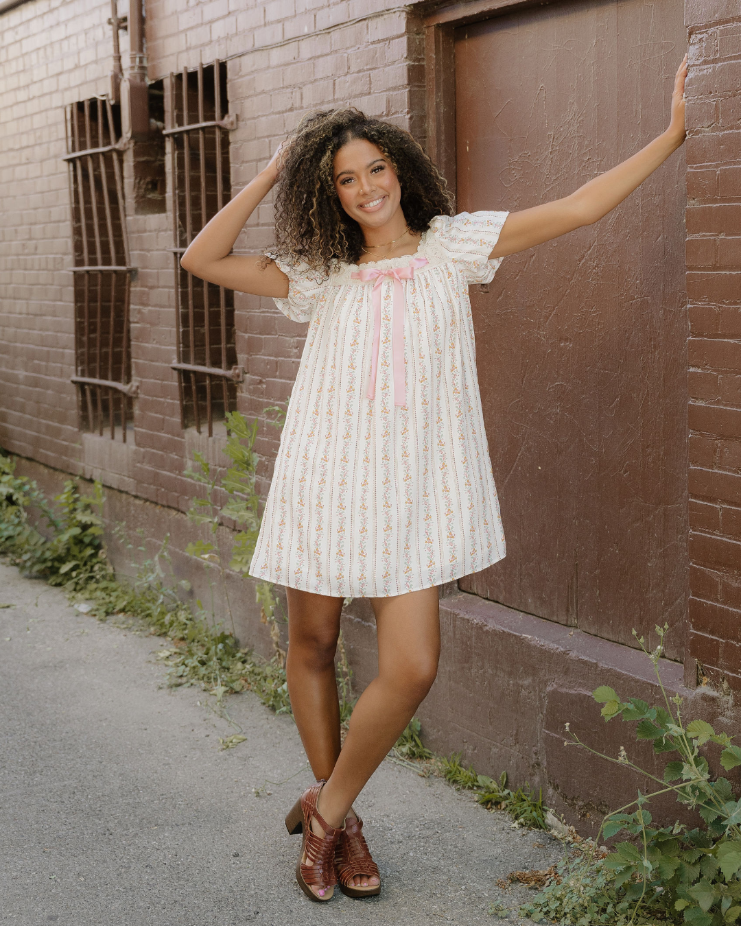 Birdie Ribbon Bow Lace Trim Square Neck Mini Dress