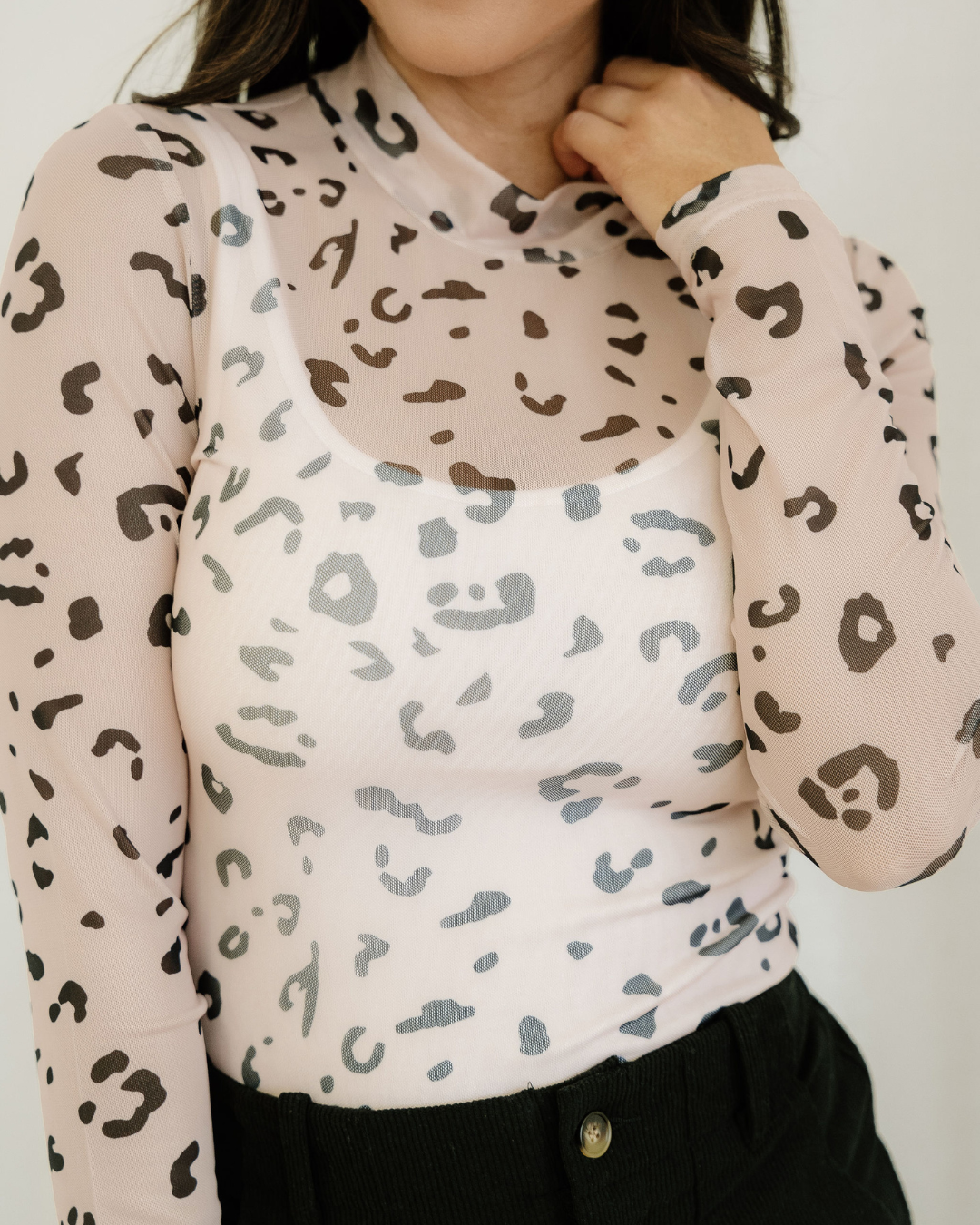 Oaklynn Mock Neck Sheer Mesh Leopard Long Sleeve Bodysuit