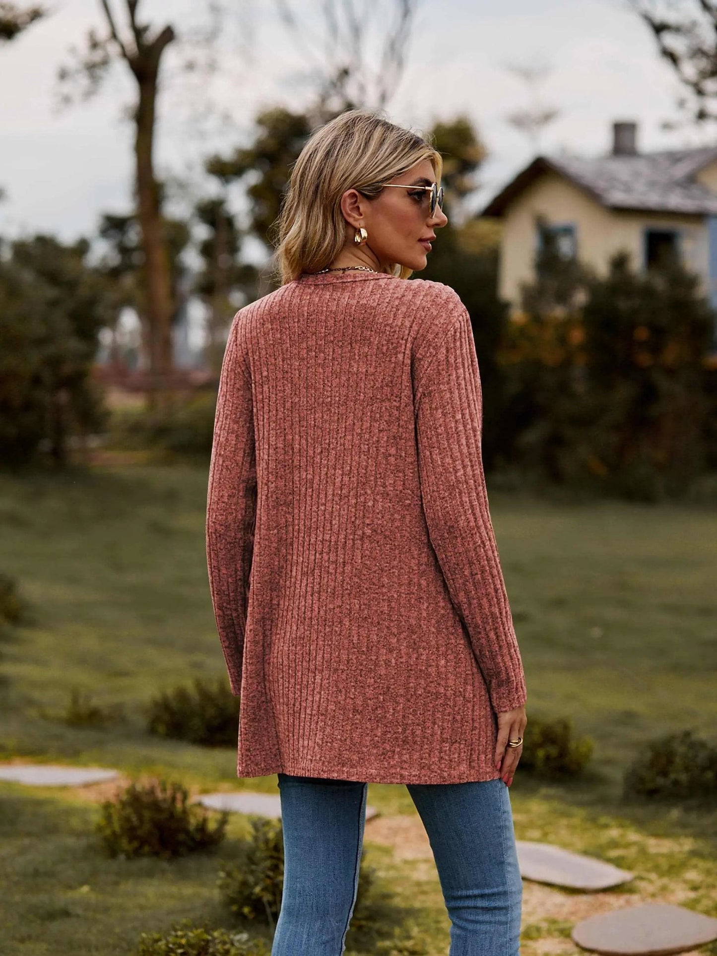 Trendsi Heathered ribbed cardigan with pockets