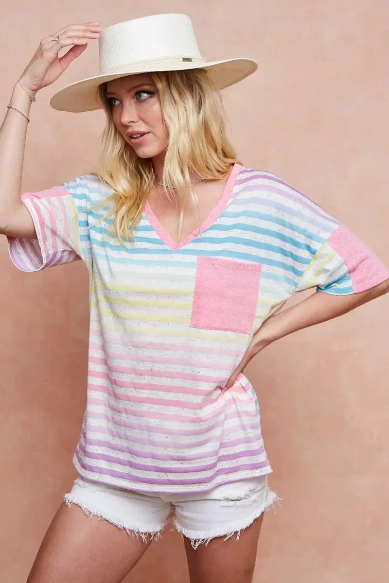 Women's Tee - Rainbow Stripe - Casual Knit Top