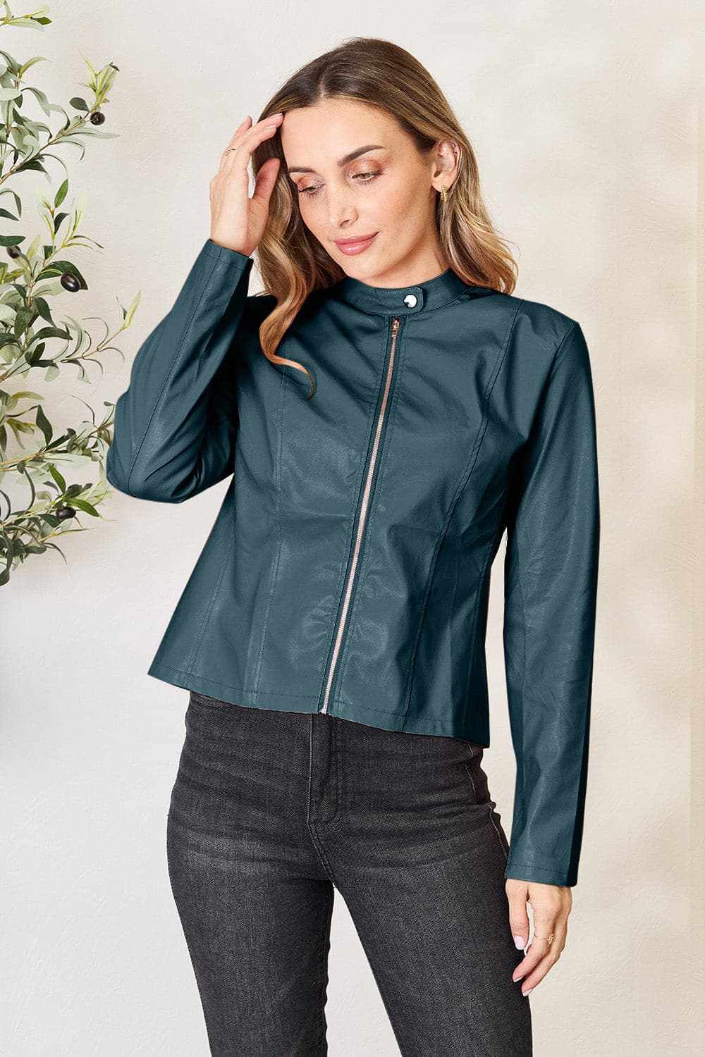 Trendsi Chic mock neck zip-up jacket
