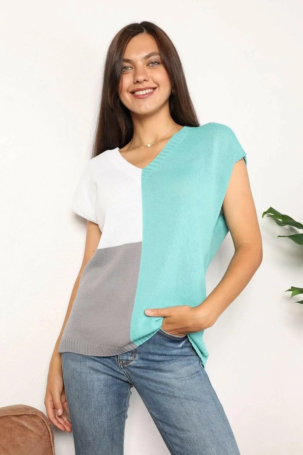 Trendsi Color block v-neck knit top