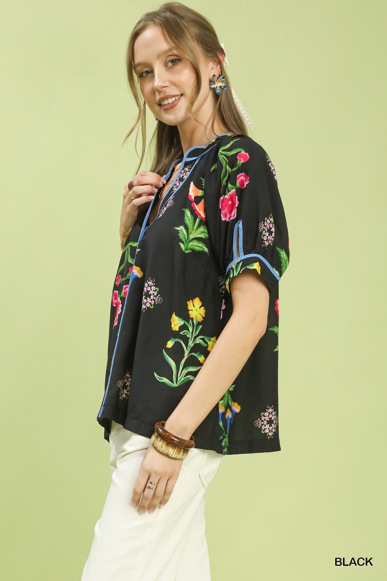 Umgee Botanical Print Contrast Trim Button Blouse - Black Sz L