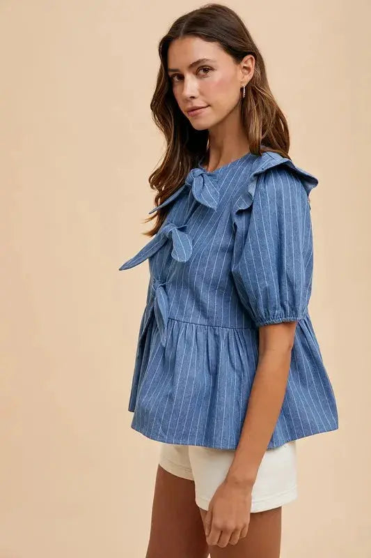 Peplum Blouse - Stripe Front Bow - Denim Style