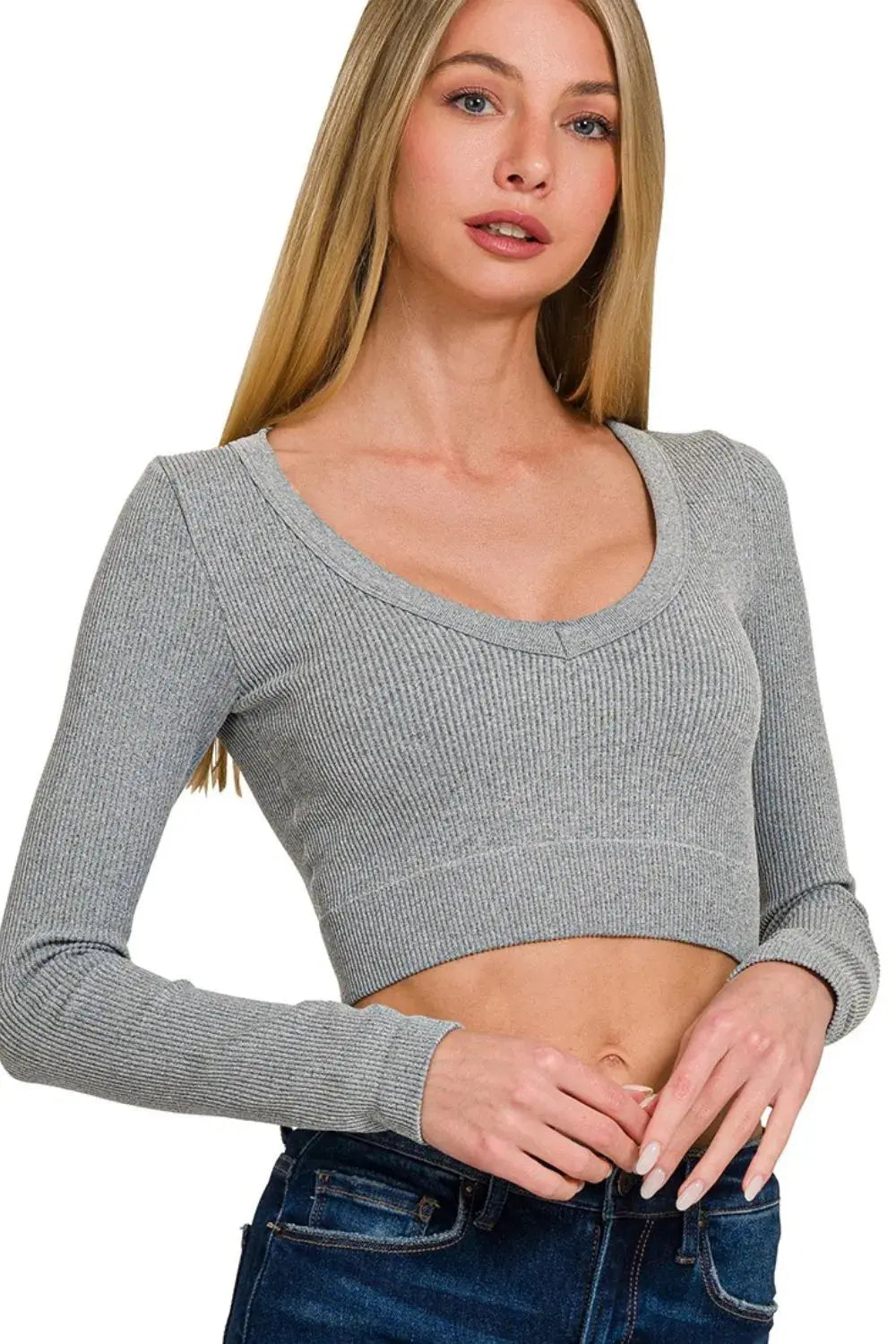 Ribbed Crop Top - V-Neck Long Sleeve - Fitted Tee