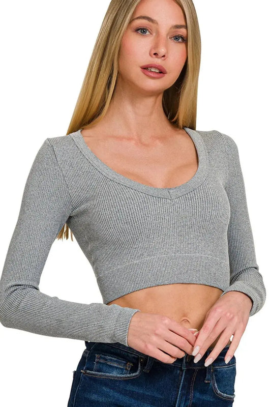 Ribbed Crop Top - V-Neck Long Sleeve - Fitted Tee