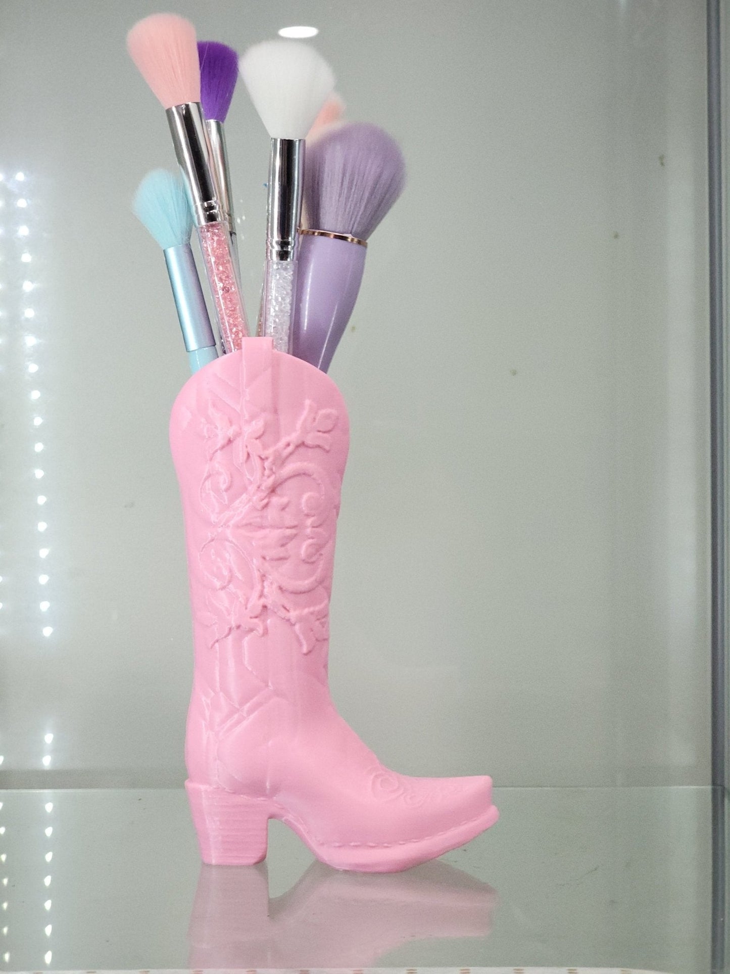 3D Printed Pink Cowboy Boot Brush Holder - Western Decor