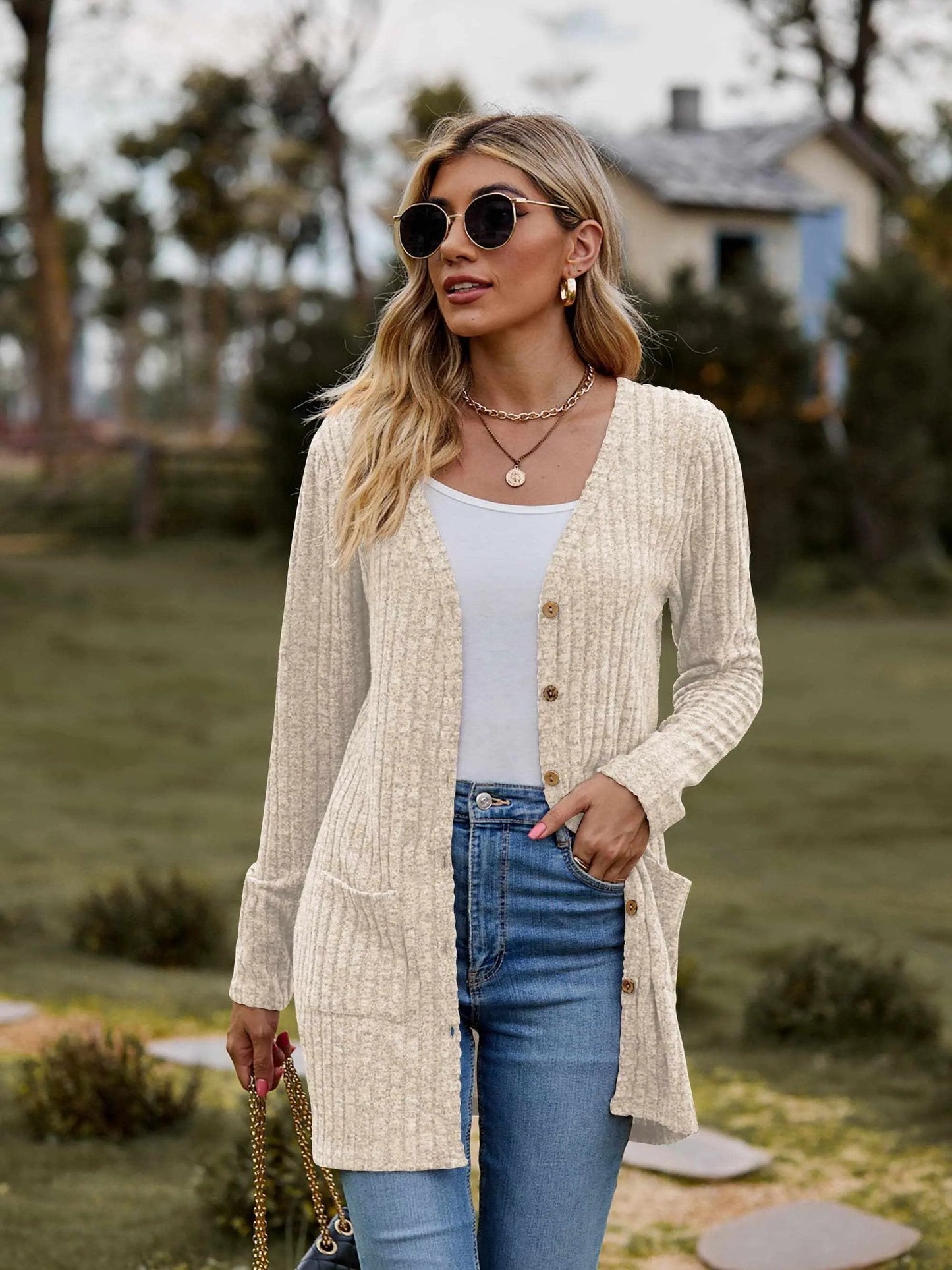 Trendsi Heathered ribbed cardigan with pockets