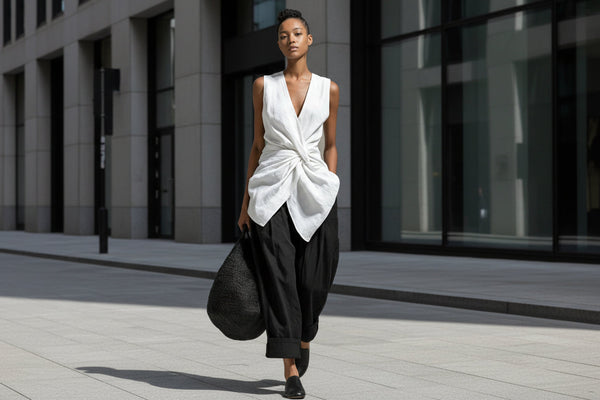Women's Tie-Front V-Neck Sleeveless Top & Wide-Leg Pants Set
