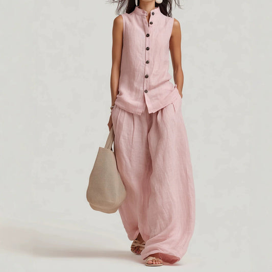 Women's Cotton-Linen Sleeveless Crewneck Vest & Pants Set