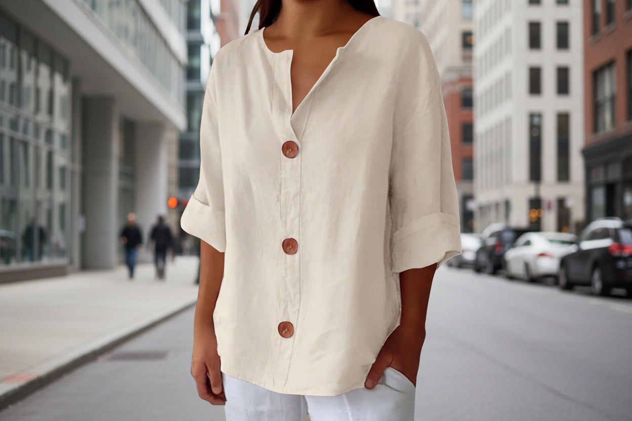 Women's V-Neck Cotton Linen Buttoned Blouse