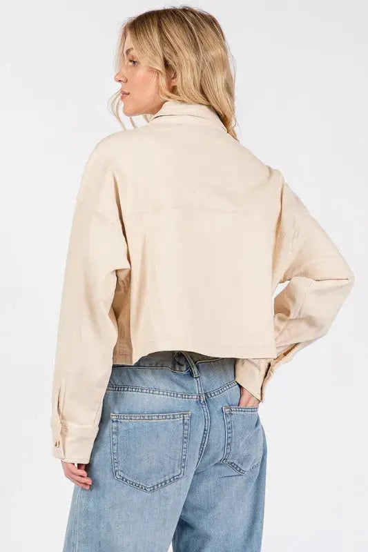 Denim Jacket - Cropped Button Down with Pockets - Cream Women's