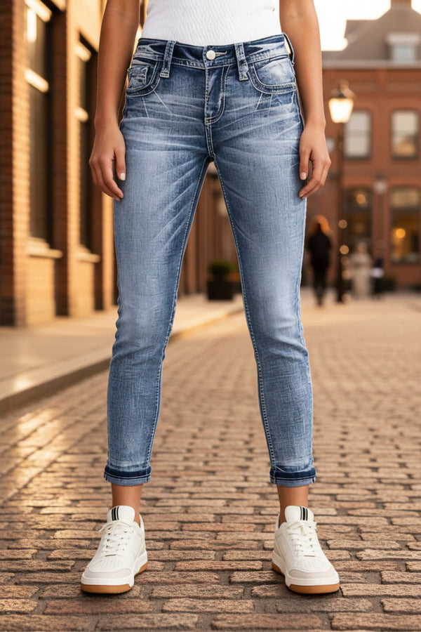 Washed Faded Cuffed Ankle Skinny Jeans