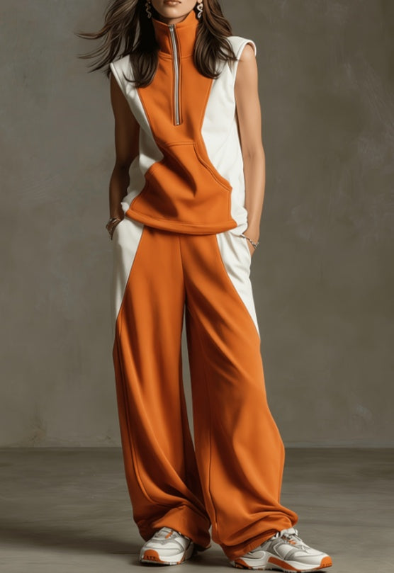 Women's Contrast Color Sleeveless Zip Collar Sportswear Set