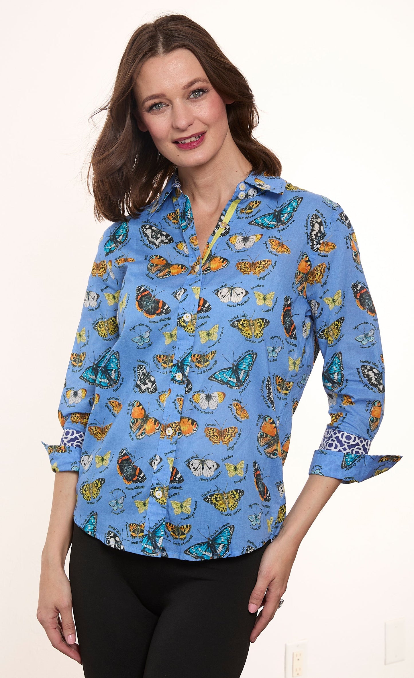 3/4 Sleeve Rome Shirt Blue Ground  Cotton Voile Butterfly Print