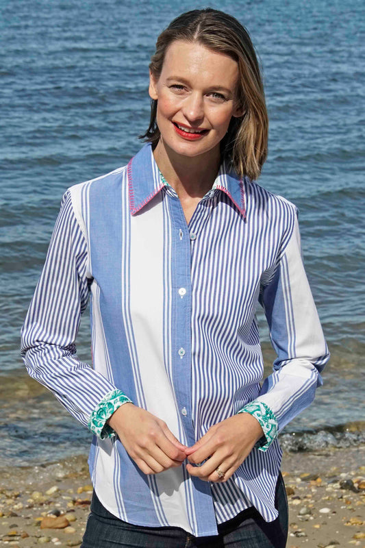 Madison Top Stripes And Flowers W Whipstitch At Collar