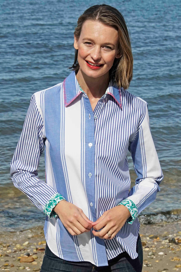 Madison Top Stripes And Flowers W Whipstitch At Collar